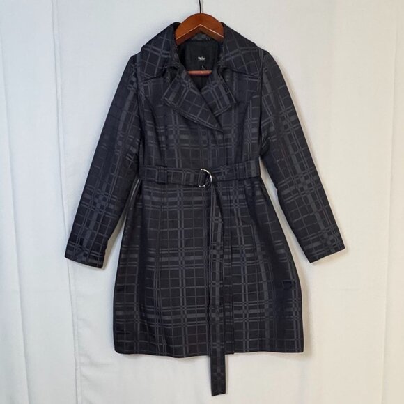 Vintage Y2K Mossimo Black Plaid Double Breasted Lightweight Trench Coat Large - Picture 1 of 15